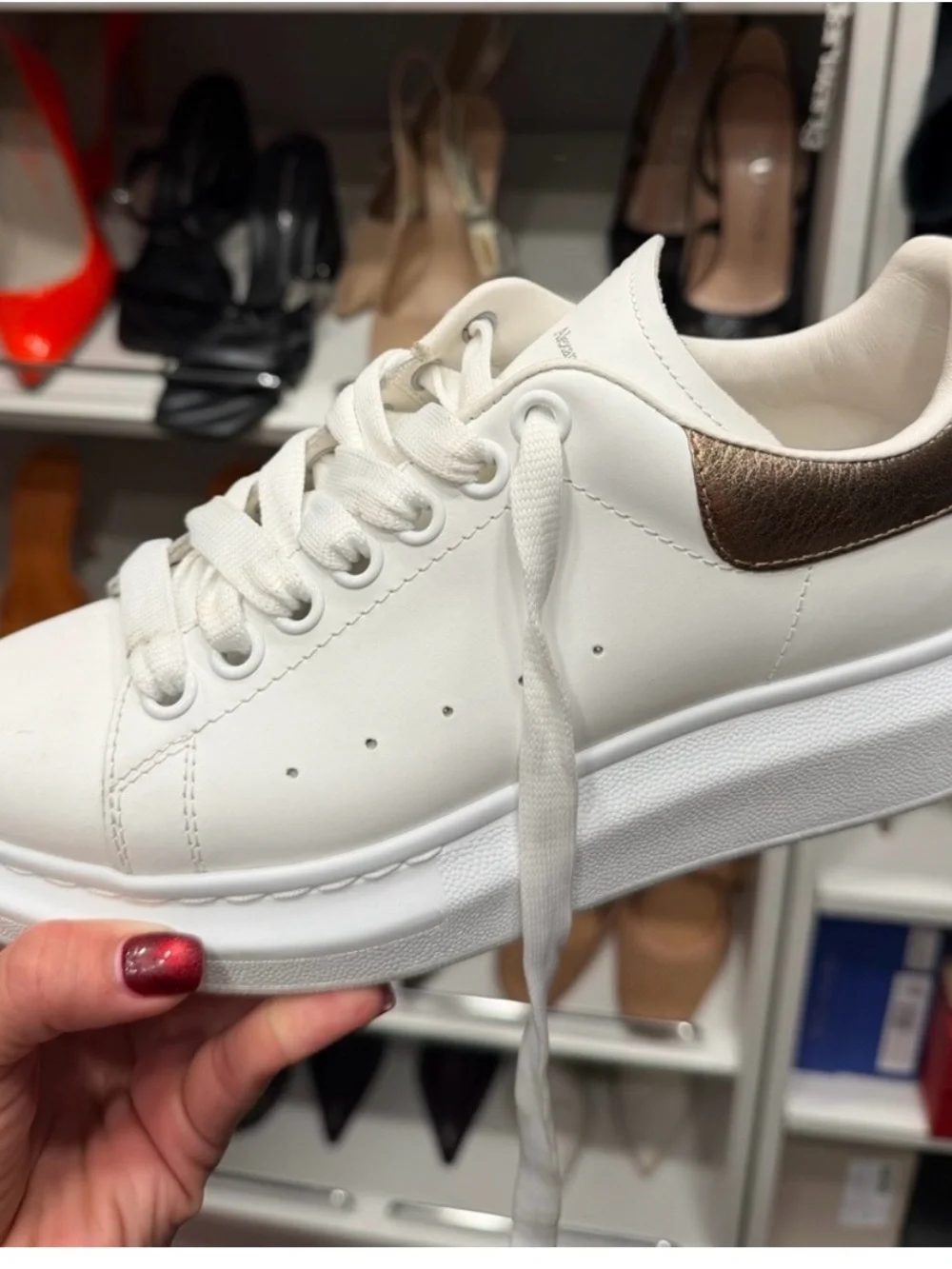 White Leather Platform Sneakers with Metallic Bronze Heel Accent